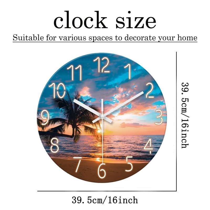 XFM Beach Wall Clocks Battery Operated 16 Inch Palm Tree Wall Clocks for Living Room Bedroom Big Round Glass Silent Wall Clock Non Ticking Sunset Tropical Seashore Clock
