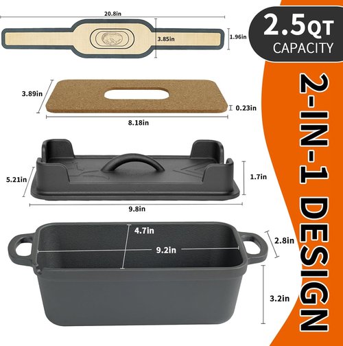 Cast Iron Combo Cooker by [Brand Name] - 2.5QT Pre-Seasoned Dutch Oven & Grill Pan with Lid | Versatile 2-in-1 Skillet for Baking & Searing