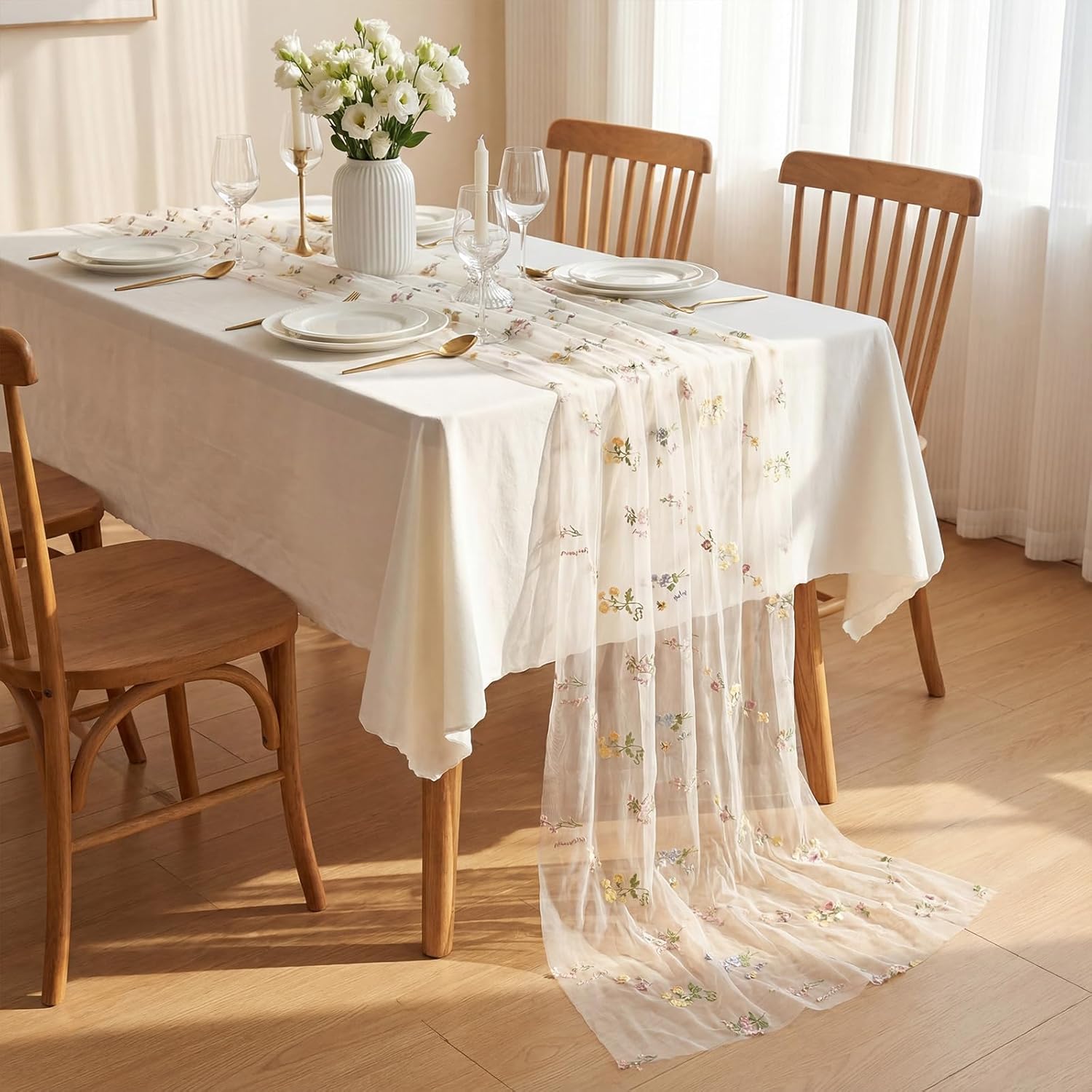 Remagr Floral Table Runner - 9.8 ft Embroidered Tulle for Home Decor | Perfect for Weddings & Parties
