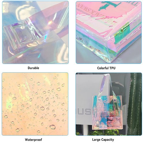 umbresen Clear Tote Bag, 2-Pack Holographic Rainbow Iridescent Handbag for Sports Fan Games, Work, Security Travel, Stadium Venues or Concert