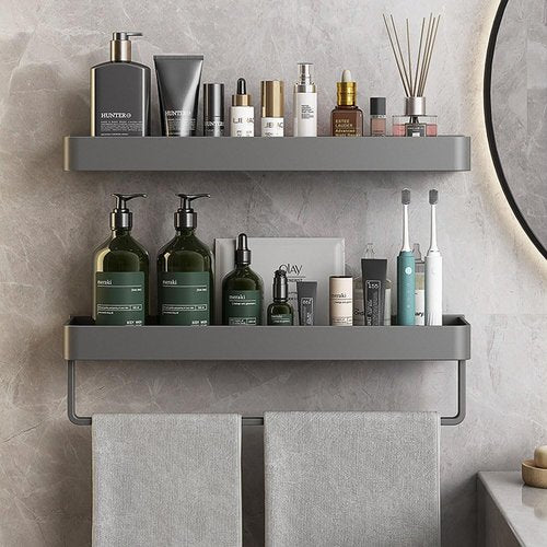 kaileyouxiangongsi Wall Mounted Bathroom Shelves, 2-Tier Floating Shelf with Removable Hooks, Bathroom Wall Organizer(Gray)