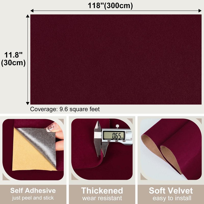 VaryFloral Dark Red Velvet Wallpaper Self Adhesive Felt Fabric for Jewelry Box Shelves Soft Velour Drawer Liner Wrap for Cabinets Burgundy Red Flock Contact Paper Velvet Wrapping Paper Roll 11.8"x118"
