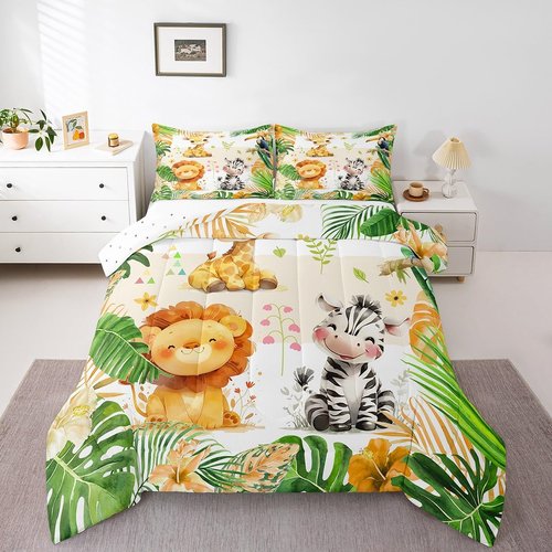 jejeloiu Kids Zoo Animal Bedding Set Full Size Cute Animal Comforter Set for Boys Girls Teens Lion Giraffe Elephant Duvet Set Tropical Leaves Quilt Set 3Pcs