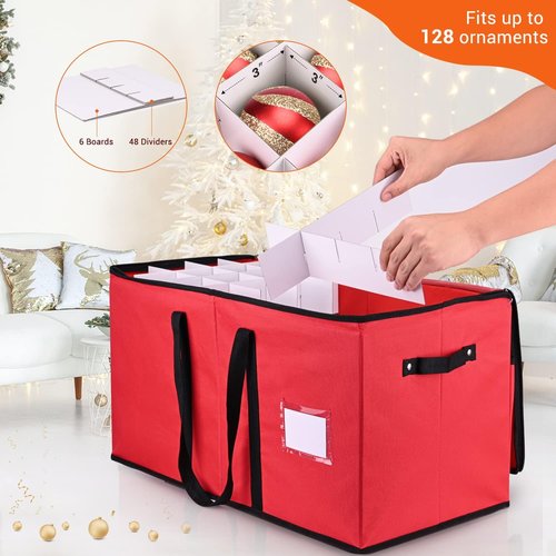 Mrrihand Christmas Ornament Storage Box - Organize 128 Holiday Ornaments | Adjustable Dividers, Dual Zipper, 600D Material (Red)