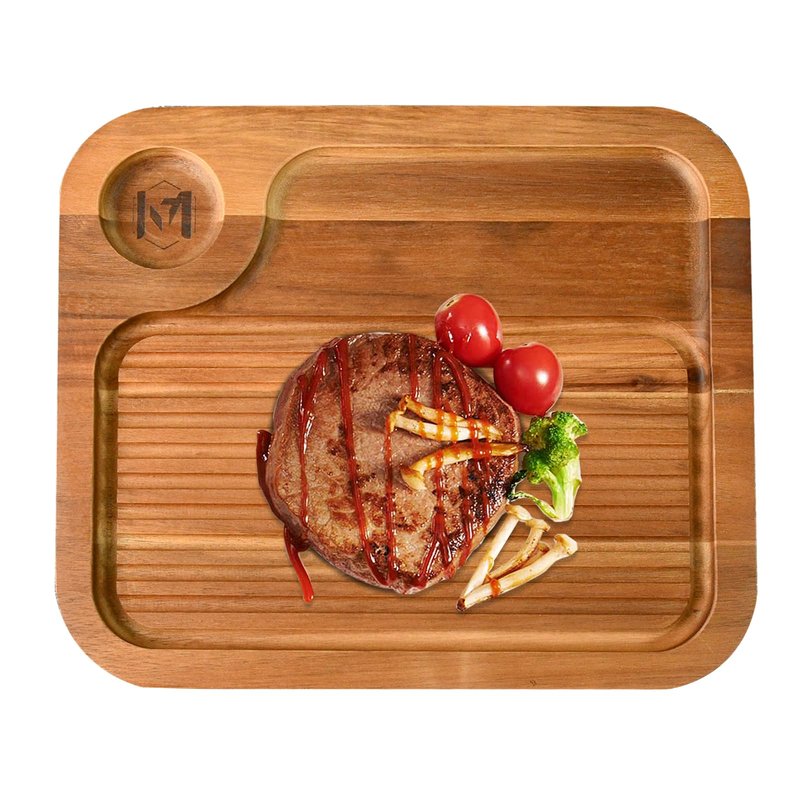 Acacia Wood Steak Plates,Carnivore Cutting Board for Eating, Carved Meat Wooden Plate, Food Serving Tray,Cheese Charcuterie Board with Deep Grooves & Hidden Handles