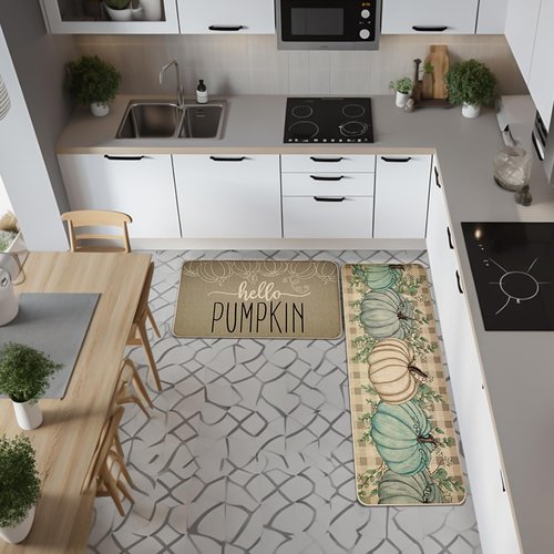 Hello Pumpkin Fall Kitchen Rugs Set of 2, Thanksgiving Farmhouse Style Kitchen Decoration Mats Cushioned Anti Fatigue Non-Slip Washable Floor Mat 17x29 and 17x47 Inch DM170