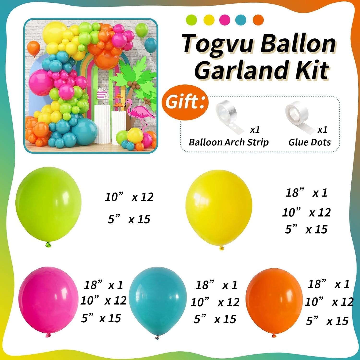 Skiennix 141 Pcs Rainbow Balloon Arch Kit - Neon Summer Colors for Hawaiian Luau & Birthday Parties