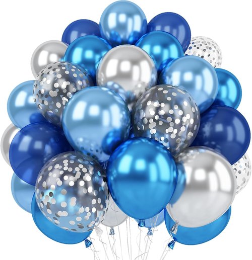Blue Silver Balloons Set - 12 Inch Navy & Confetti Latex Balloons for Birthday, Graduation & Weddings
