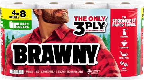 Brawny 3-Ply Paper Towels - Strong & Absorbent Tear-A-Square | 4 Double Rolls (8 Regular Rolls)