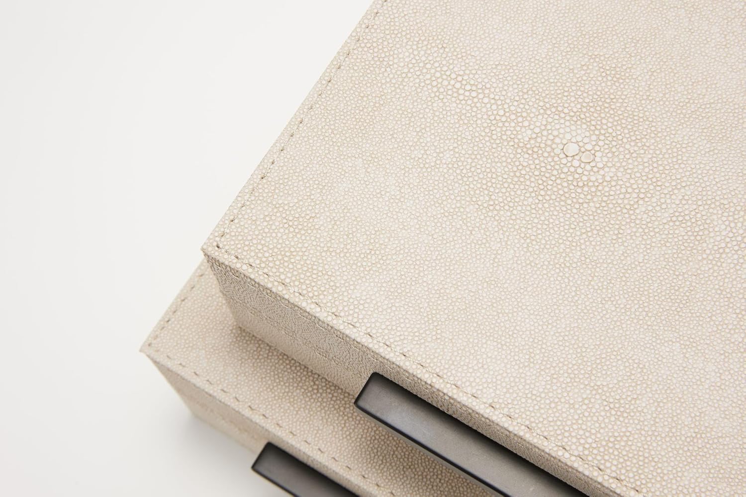 Sagala Ivory Shagreen Decorative Boxes - Set of 2 Modern Faux Leather Jewelry Organizers | Black Metal Handles