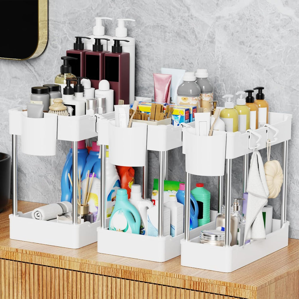 Skiennix 3-Pack Under Sink Organizers - 2-Tier Bathroom Cabinet Shelf with Hanging Cups | White