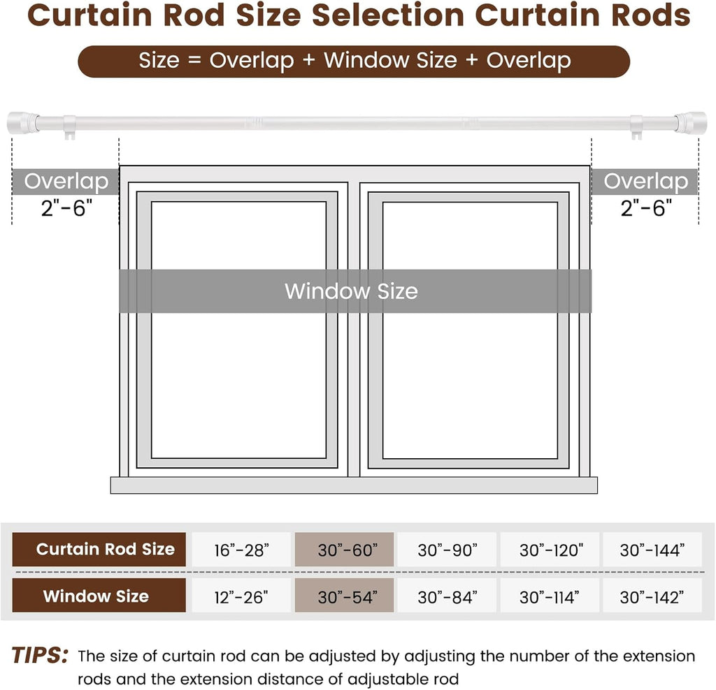 Skiennix 1” Diameter Adjustable Curtain Rods - Heavy Duty 30-60 Inch, Matte White, 2 Pack for 30-54 Inch Windows