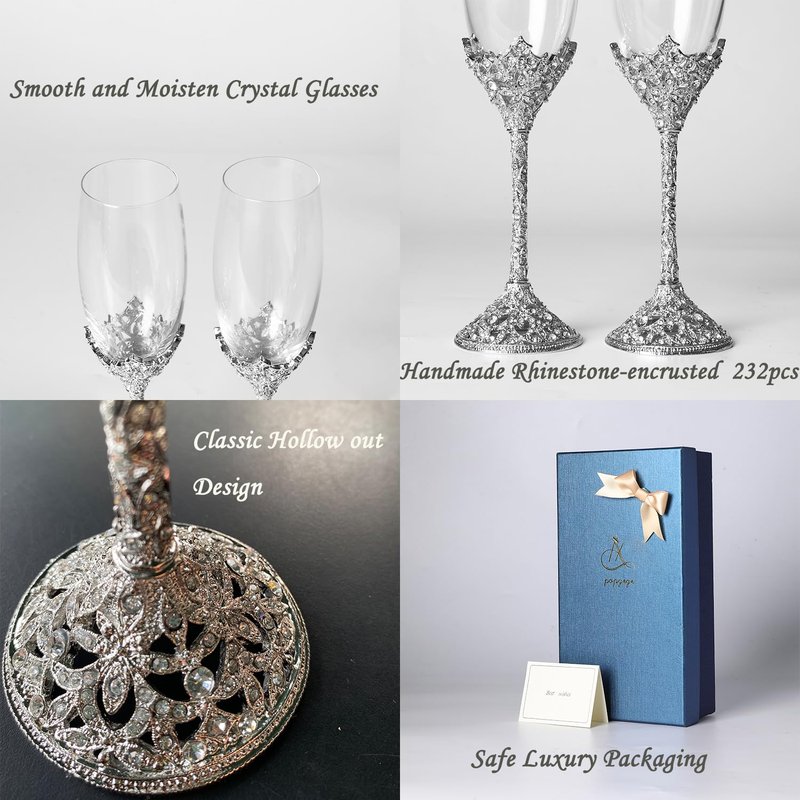 Popgege Wedding Champagne Flutes Set of 2 - Metal Base With Crystal Stones, Glasses for Bride and Groom, Engagement Gifts, Party, Anniversary, Christmas - 7oz