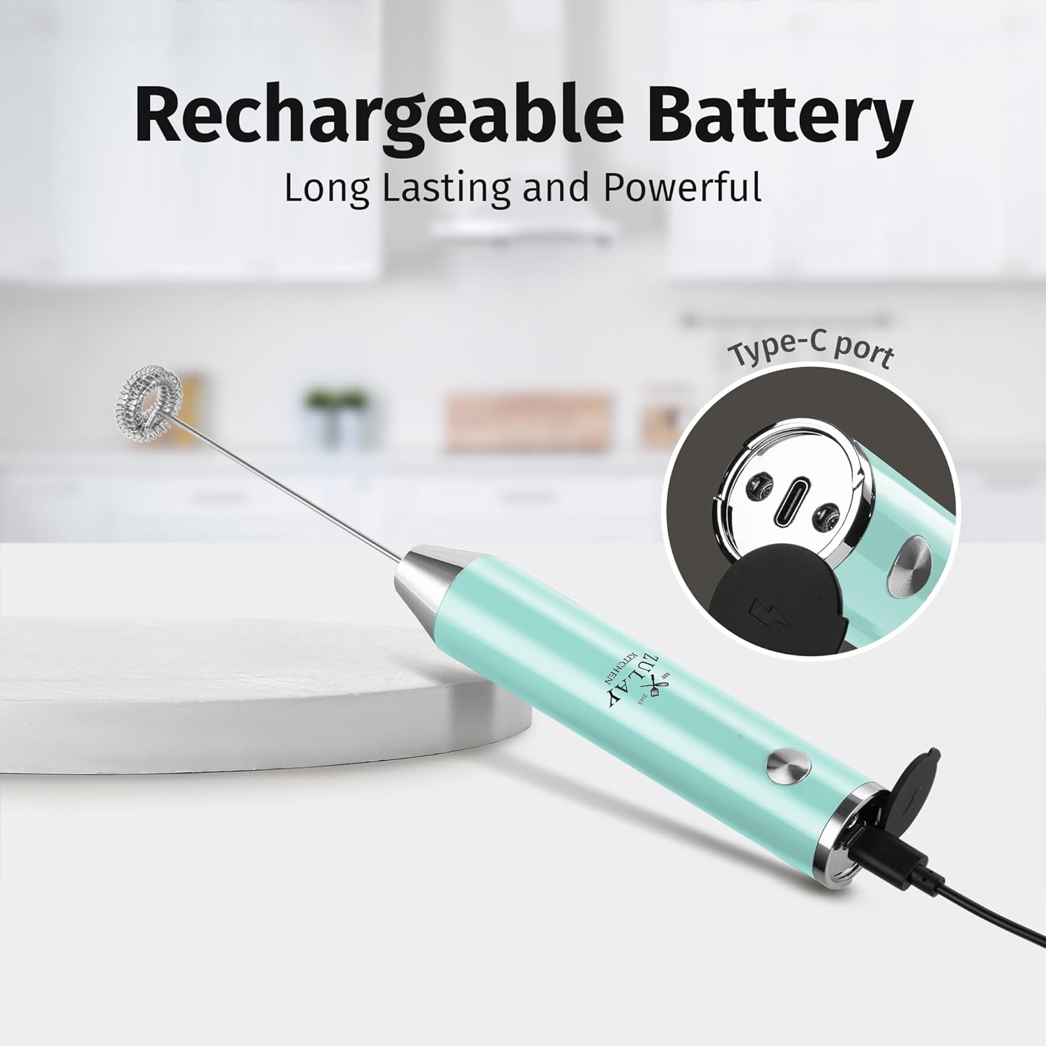 Zulay Kitchen Rechargeable Milk Frother - Powerful 2-Speed Motor, Waterproof, 2000mAh Battery | Sky Blue Drink Mixer for Lattes, Cappuccinos, Matcha & Protein Powder