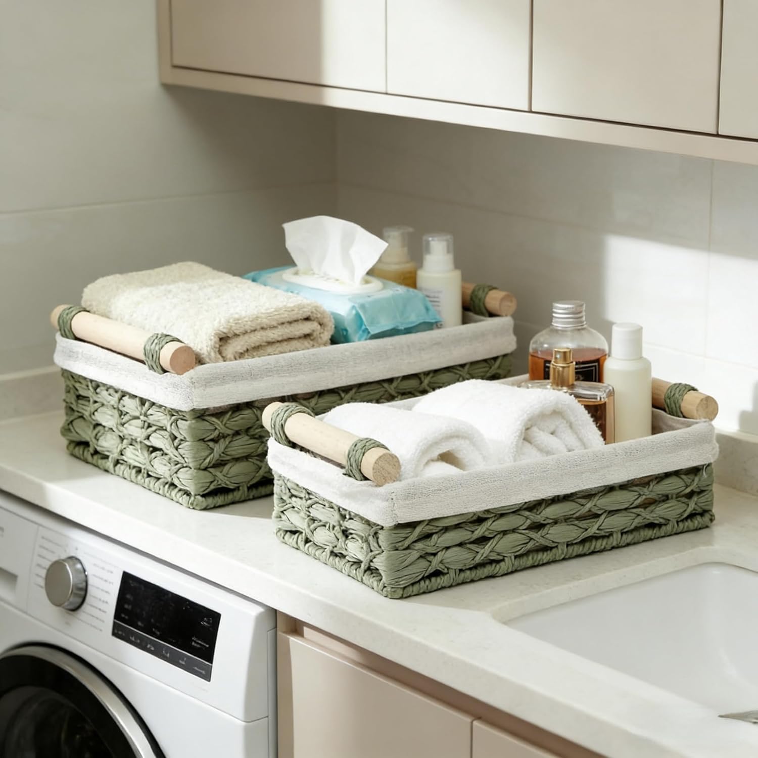 Regine Switzerland Set of 2 Green Bathroom Basket Organizers - Wicker Storage Baskets with Liner & Wooden Handles for Towels & Toiletries