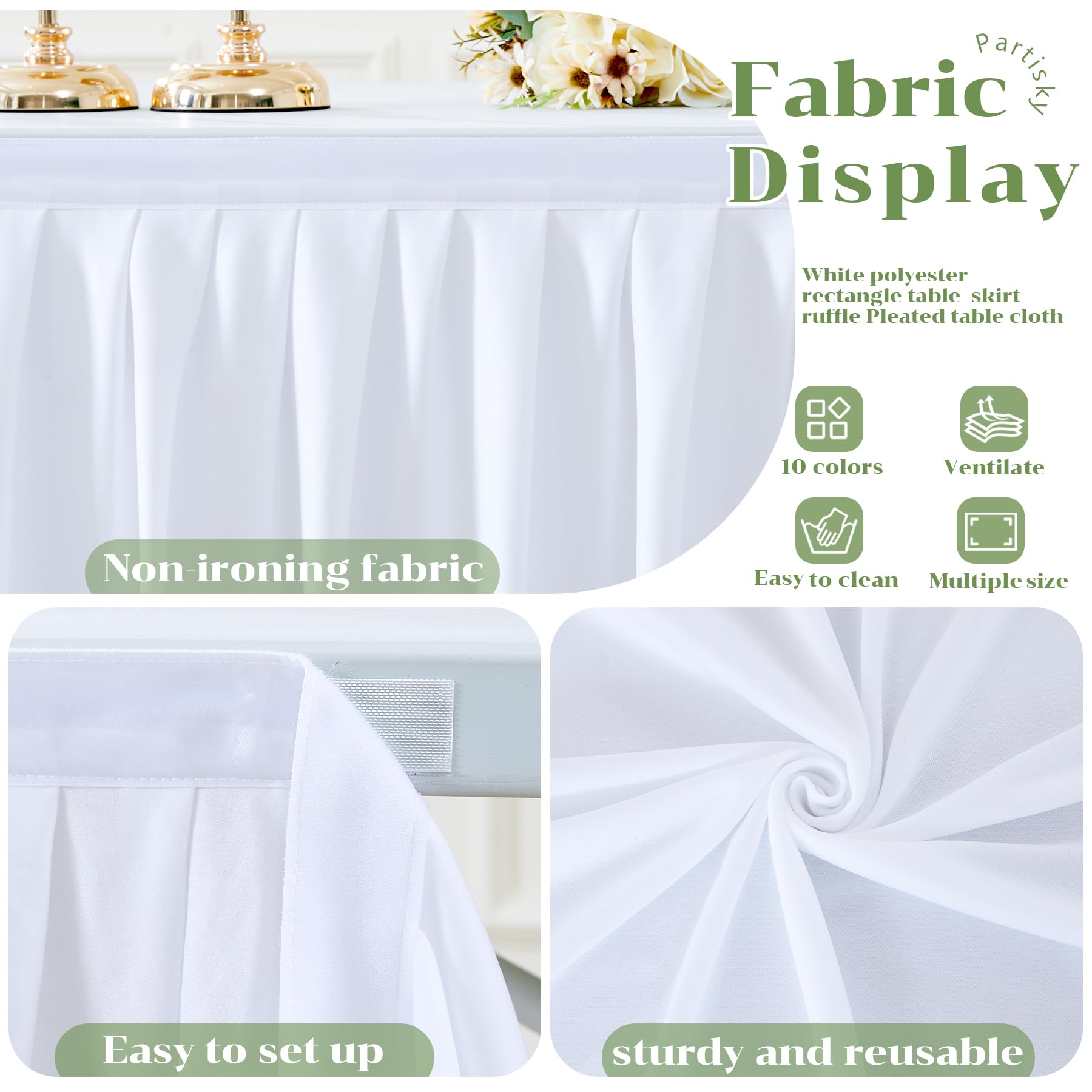 Partisky White Polyester Table Skirt for Rectangle Tables 9f, Wrinkle Resistant Pleated Ruffle Table Cloth for Birthday Party Banquet Wedding Baby Shower