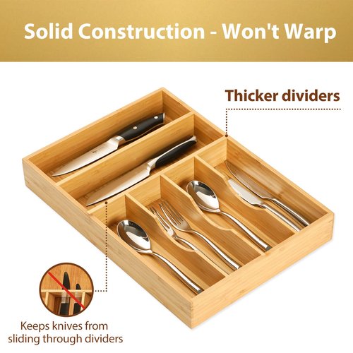 Umilife Kitchen Drawer Organizer, 12 Inch Silverware Utensil Tray Holder, Extra Deep, with Non-Slip Feet & Grooved Drawer Divider, 6 Slots Total Bamboo Wood Caddy for Flatware Cutlery Knives