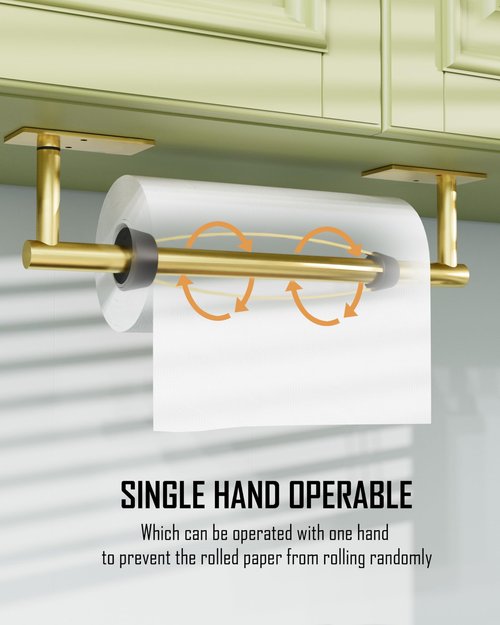 BATHDANCE Paper Towel Holder Under Cabinet, Single Hand Operable Roll Holder with Damping Effect,No Drilling or Wall Mounted SUS304 Stainless Steel for Kitchen Bathroom (Brushed Gold)