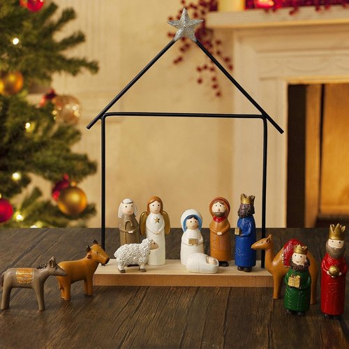 Juegoal Mini Nativity Set - 13 Resin Figurines for Christmas Decor | Holy Family Table Ornaments