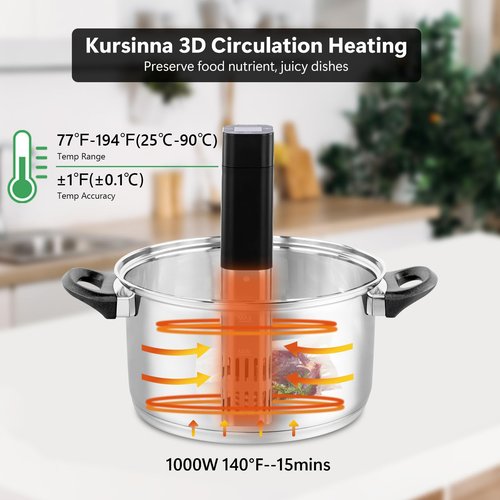 KURSINNA Sous Vide Machine, 1000W Precision Cooker Slow Cooker, 15dB Ultra-Quiet Immersion Circulator With Accurate Temperature Digital Timer, IPX7 Waterproof