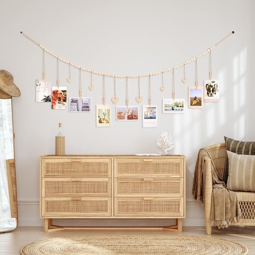 KLOGTSIND Hanging Photo Display - Boho Picture Frames Collage with 9 Wood Clips | Office & Kids Art Decor