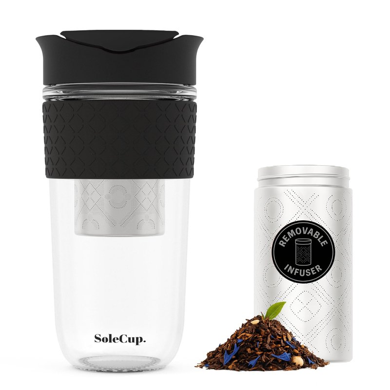 SoleCup. Large Travel Mug Loose Tea Infuser - Detachable Tea Strainer with Spill Proof Lid - 18oz/530ml BPA-Free Reusable Glass Travel Coffee Cup with Silicone Band (Black, 18oz)