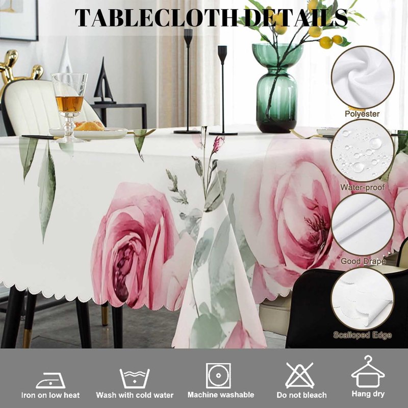 Swono Rose Table Cloth Rectangle Tables Watercolor Pink Flowers Rose Leaves Kitchen Table Cover Oblong 52"X70" Tablecloth for Dining Table Buffet Parties Patio and Camping