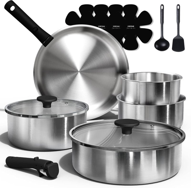 CAROTE Pots and Pans Set, Stainless Steel Cookware Set Detachable Handle, 15pcs Induction Kitchen Cookware Sets with Removable Handle, RV Cookware Set, Oven Safe, Mothers Day Gifts