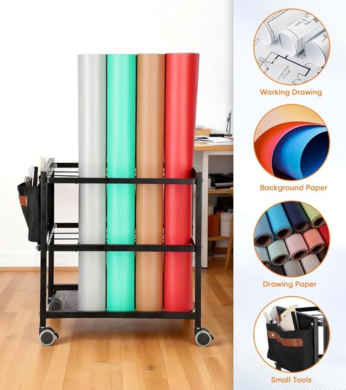 Blueprint Storage Rack Cart - Mobile 20-Slot Blueprint Holder with Side Storage Bags | Double-Layer Grids, Silent Wheels