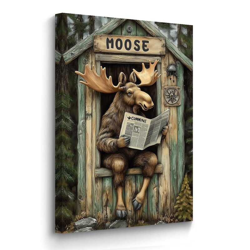BJYCHG Moose Bathroom Wall Decor Rustic Moose In Outhouse Toilet Reading Newspaper Canvas Prints Forest Wildlife Picture Farmhouse Cabin Decor Framed (Brown, 24L x 16W)