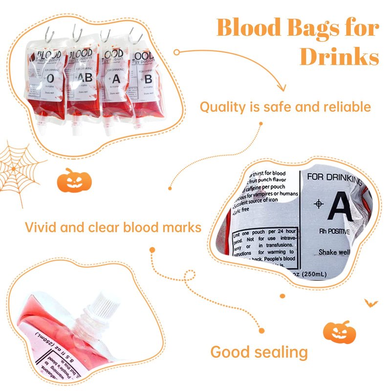 40 Pcs Halloween Blood Bags for Drinks,8.5oz Reusable Decoration Drink Container with Funnel,IV Bags for Vampire Zombie Costumes,Theme Party Props,Favors