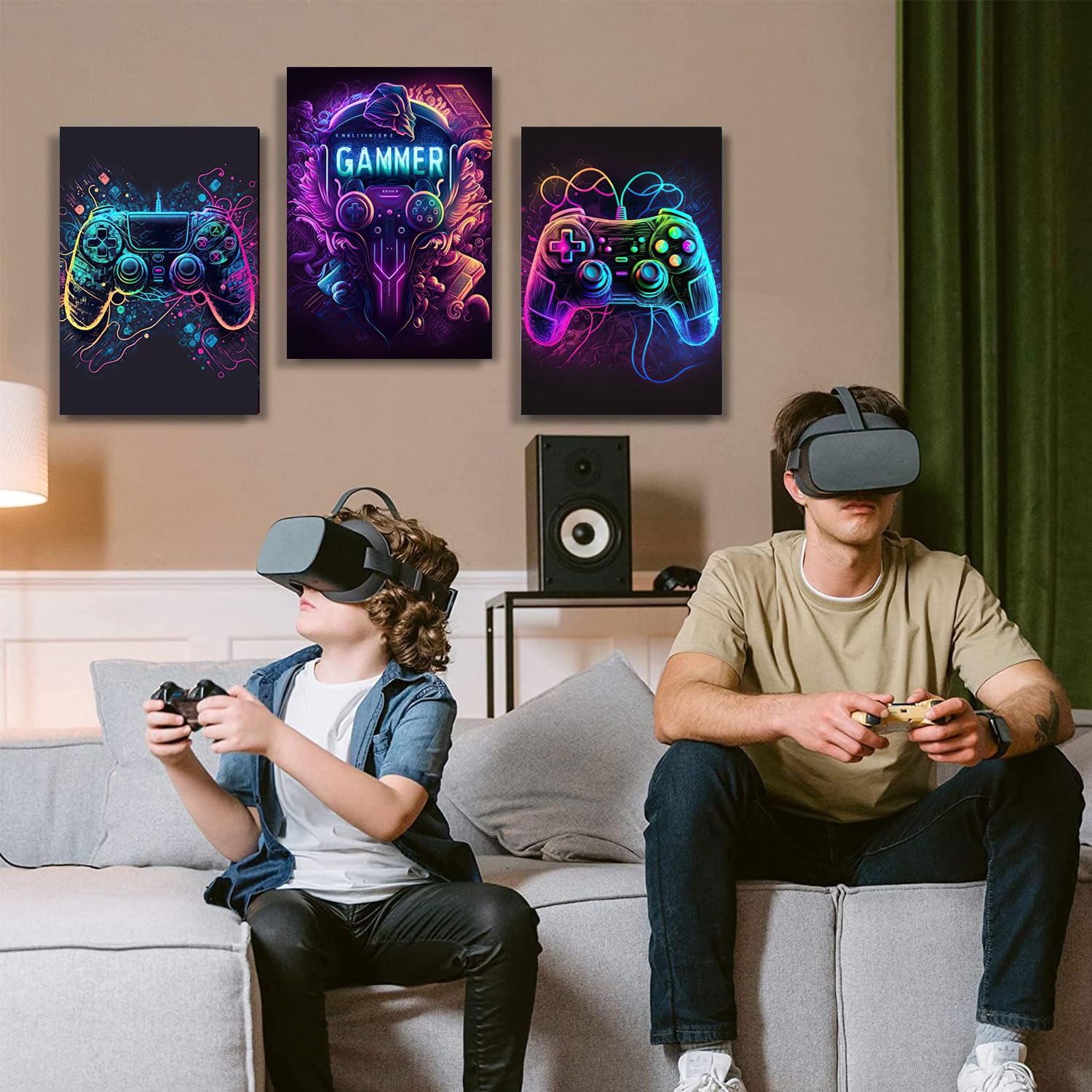 Riveda Gaming Wall Art - Colorful Neon Gamepad Canvas Prints for Boys' Room | Unframed 16"x24" (3pcs)