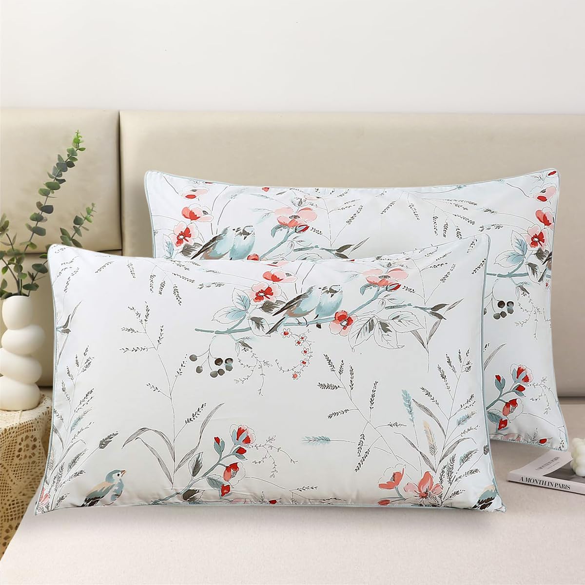 100% Egyption Cotton Queen Size Pillow Case - 2 Pack Soft Breathable Pillow Covers Botanical Pattern Floral Pillowcase Farmhouse Envelope Closure Pillow Sham White Birds Flower Print Bedding - 20"x30"