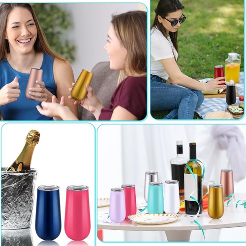 Reallnaive 6 oz 12 Pack Stemless Insulated Champagne Flute Bridesmaid Champagne Flute Wine Glasses Tumbler with Lid Double Insulated Reusable Cocktail Tumbler for Christmas Birthday Wedding Gift