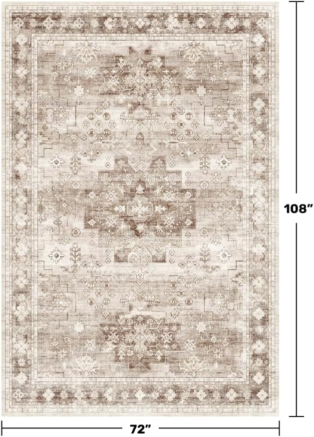 Regine Switzerland Washable Farmhouse Living Room Rug - 6x9 Non-Slip Vintage Floral Carpet in Beige/Latte