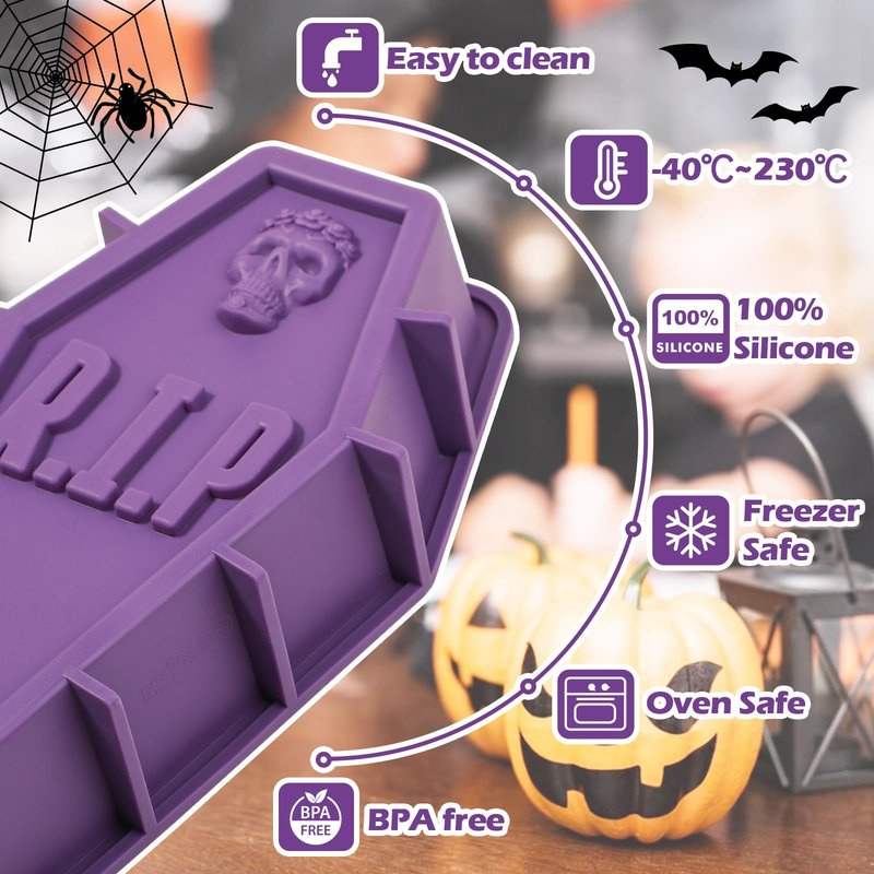 Webake Silicone Coffin Cake Pan, 12 Inch Large Tombstone Shaped Cake Mold for Baking Halloween Themed Party