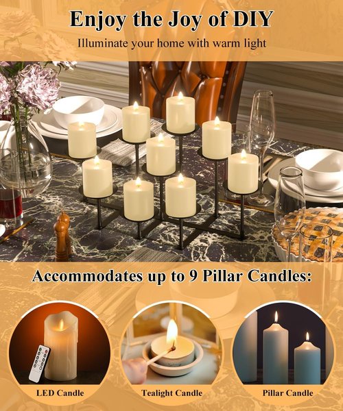 Fireplace Candle Holder - 9 Wax Pillar Plates | Elegant Iron Candelabra for Indoor Decor