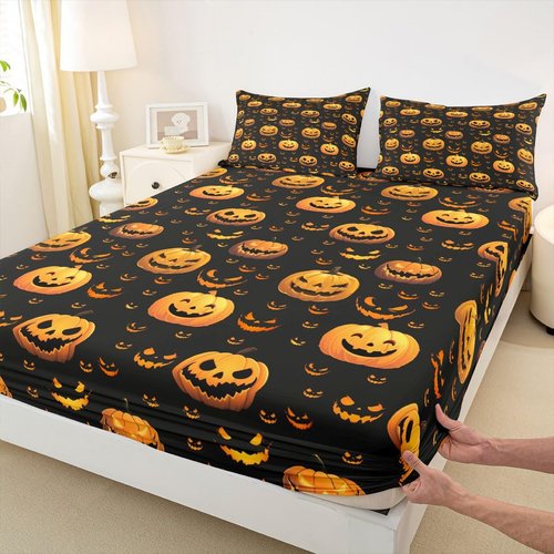 Feelyou Funny Pumpkin Bed Set Cute Halloween Bed Sheets for Kids Boys Girls Children Orange Black Sheet Set Cartoon Festival Decor Sheets with 2 Pillowcases 4Pcs Bedding Full