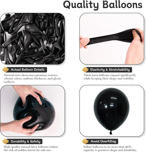 Black Balloons - 125 Pcs Latex Balloon Pack | 5-18 Inch Sizes for Birthday, Graduation & Party Decor