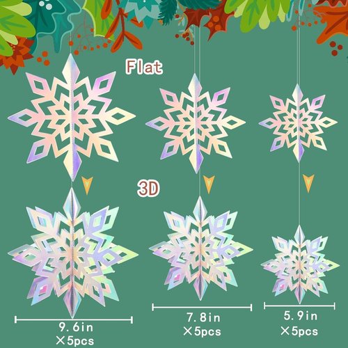 GuassLee 15-Piece 3D Iridescent Paper Snowflakes - Festive Hanging Decorations for Winter Wonderland Parties