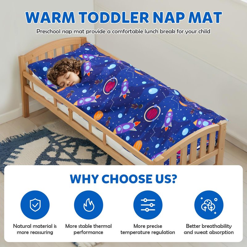 Toddler Nap Mat with Removable Pillow and Blanket, Sleeping Bag for Kids, Lightweight and Soft Slumber Bags for Preschool, Sleeping Mats for Daycare Sweat Absorbing and Breathable (Navy Blue Rocket)