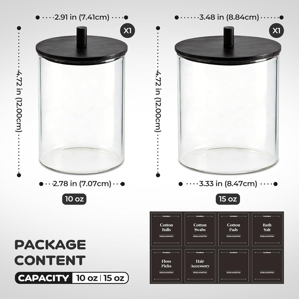 Skiennix Glass Qtip Holder Dispenser Set | 15oz & 10oz Cotton Swab Organizers with Black Wooden Lids