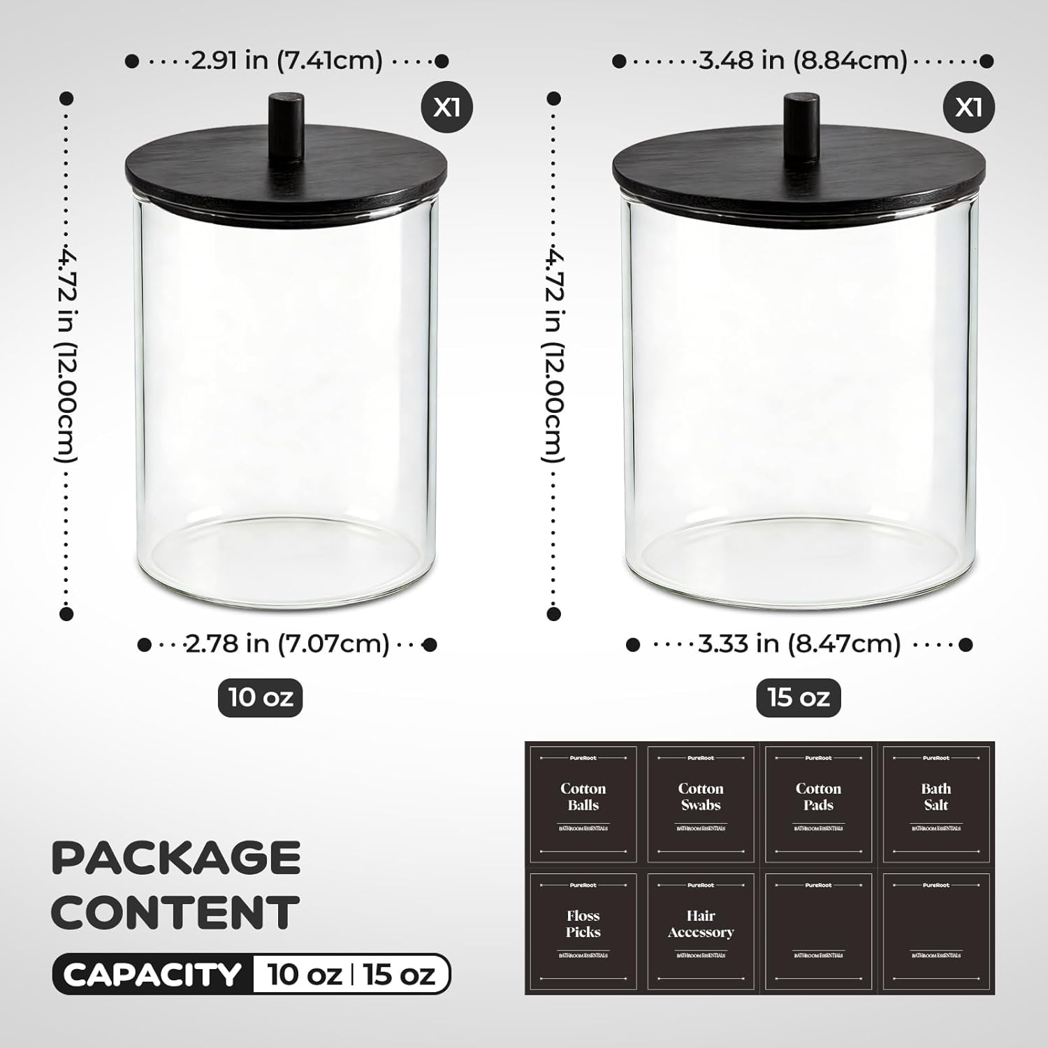 Skiennix Glass Qtip Holder Dispenser Set | 15oz & 10oz Cotton Swab Organizers with Black Wooden Lids