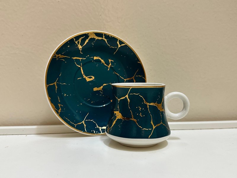 Chandler Coffee Cup Set Made from Green Porcelain and Golden Acrylic Accent with Clear Gem for Turkish Espresso Arabica Coffee 6 Square Cups and 6 Square Saucers Gift Box 3 fl oz from