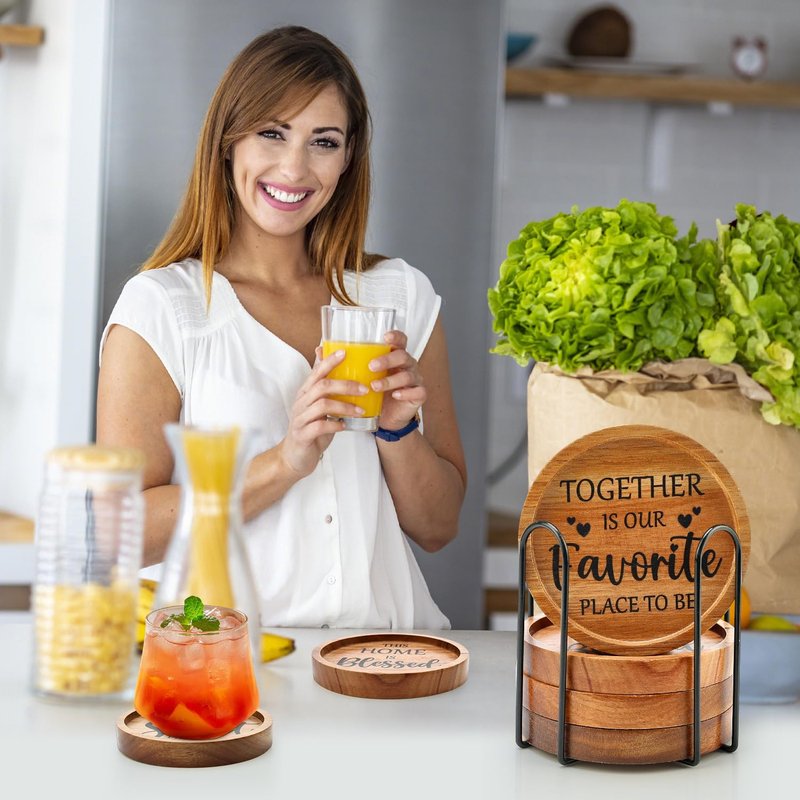 Best House Warming Gifts Acacia Wooden Coasters for Drinks Coffee Table Coaster Set of 6 Pack Farmhouse Decorations Family New Home Housewarming Decor Cute Cup Wood Coasters with Holder