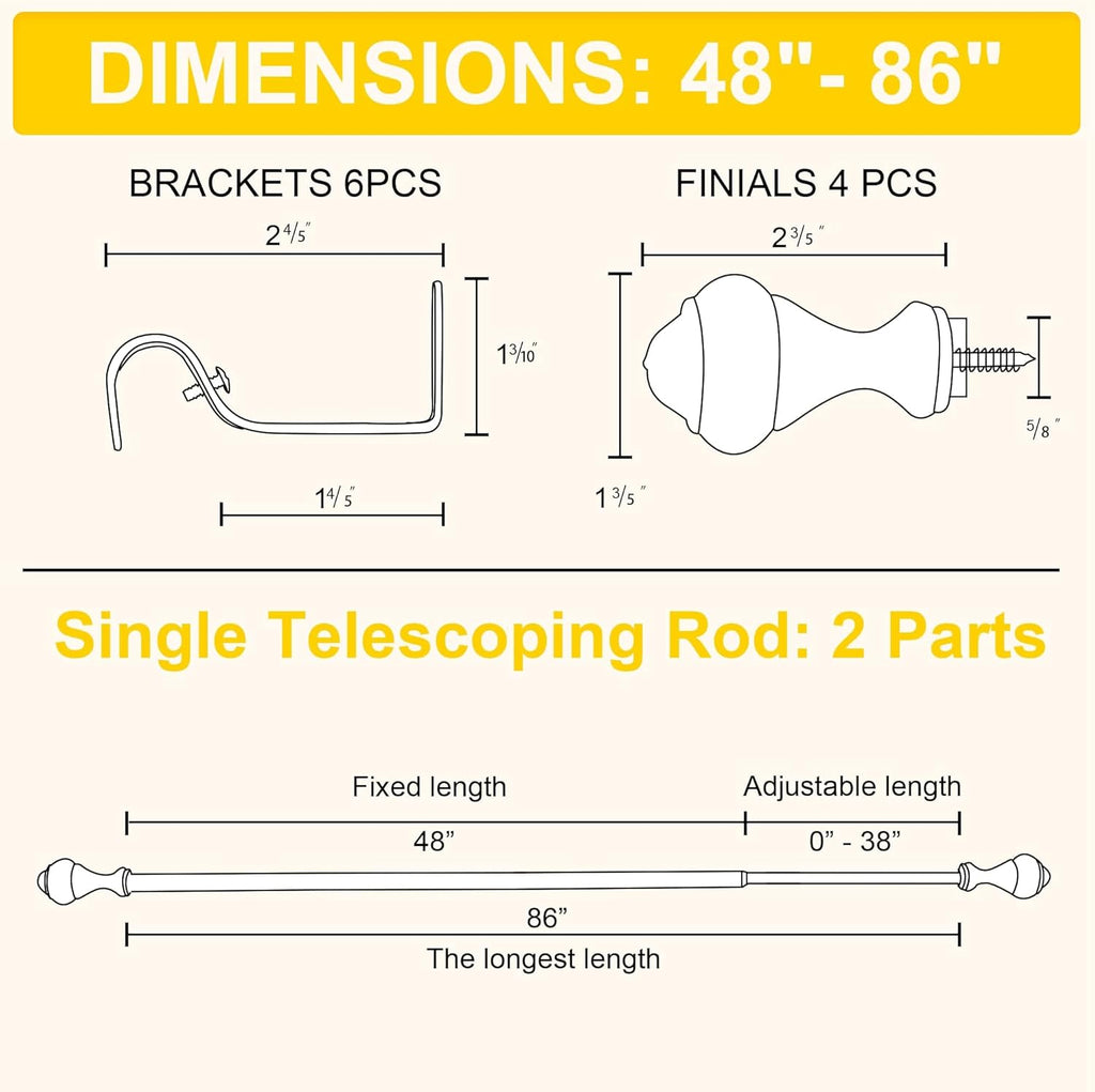 NICETOWN Adjustable Curtain Rods - 2-Pack 48-86 Inch Matte Black Copper with Decorative Finials | Heavy Duty Window Drapery Poles for Indoor & Outdoor Use
