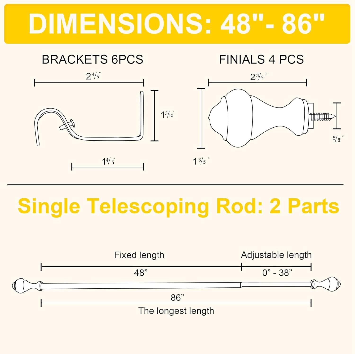 NICETOWN Adjustable Curtain Rods - 2-Pack 48-86 Inch Matte Black Copper with Decorative Finials | Heavy Duty Window Drapery Poles for Indoor & Outdoor Use
