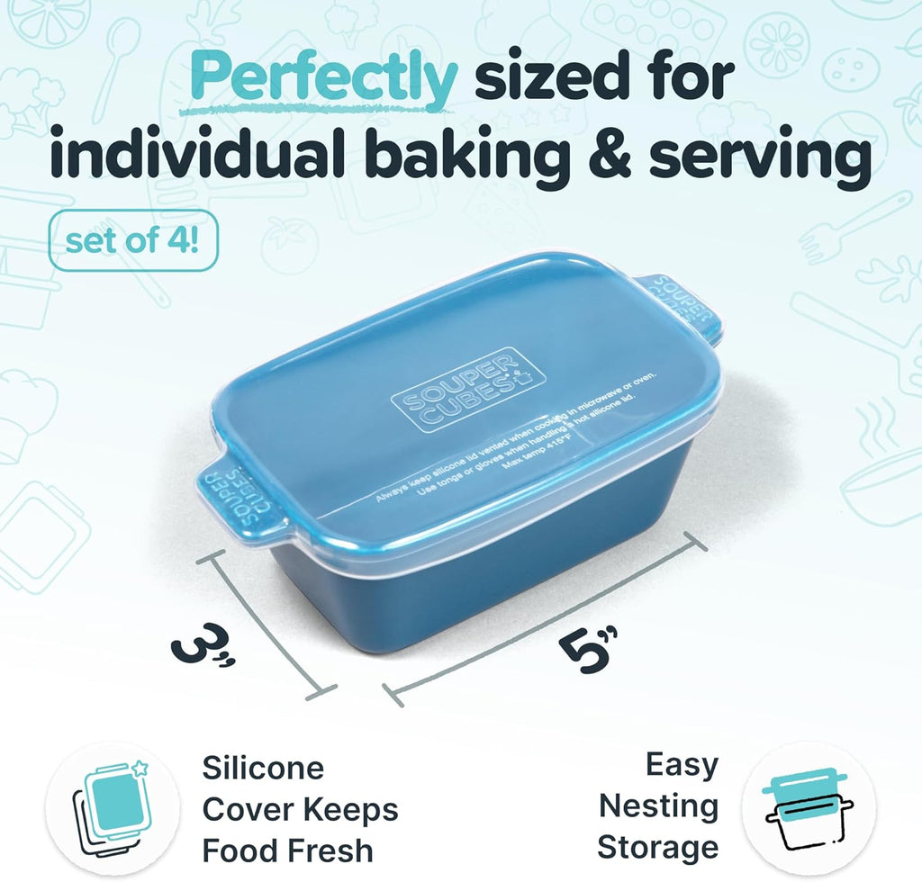Souper Cubes Stoneware - Small 5" x 3" Ceramic Baking Dish Set with Silicone Covers | Blueberry Color, Perfect for Reheating Single Servings