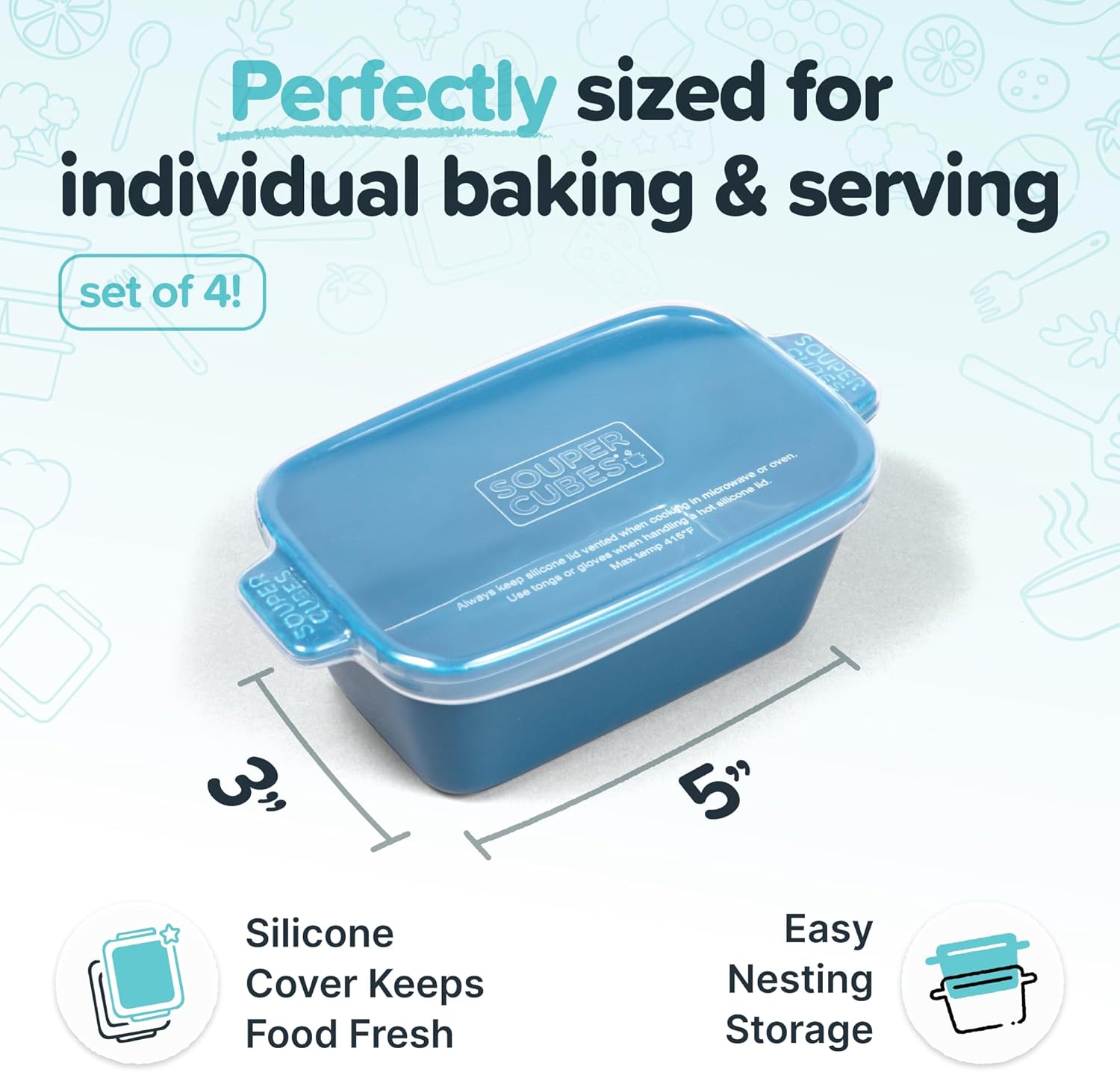 Souper Cubes Stoneware - Small 5" x 3" Ceramic Baking Dish Set with Silicone Covers | Blueberry Color, Perfect for Reheating Single Servings