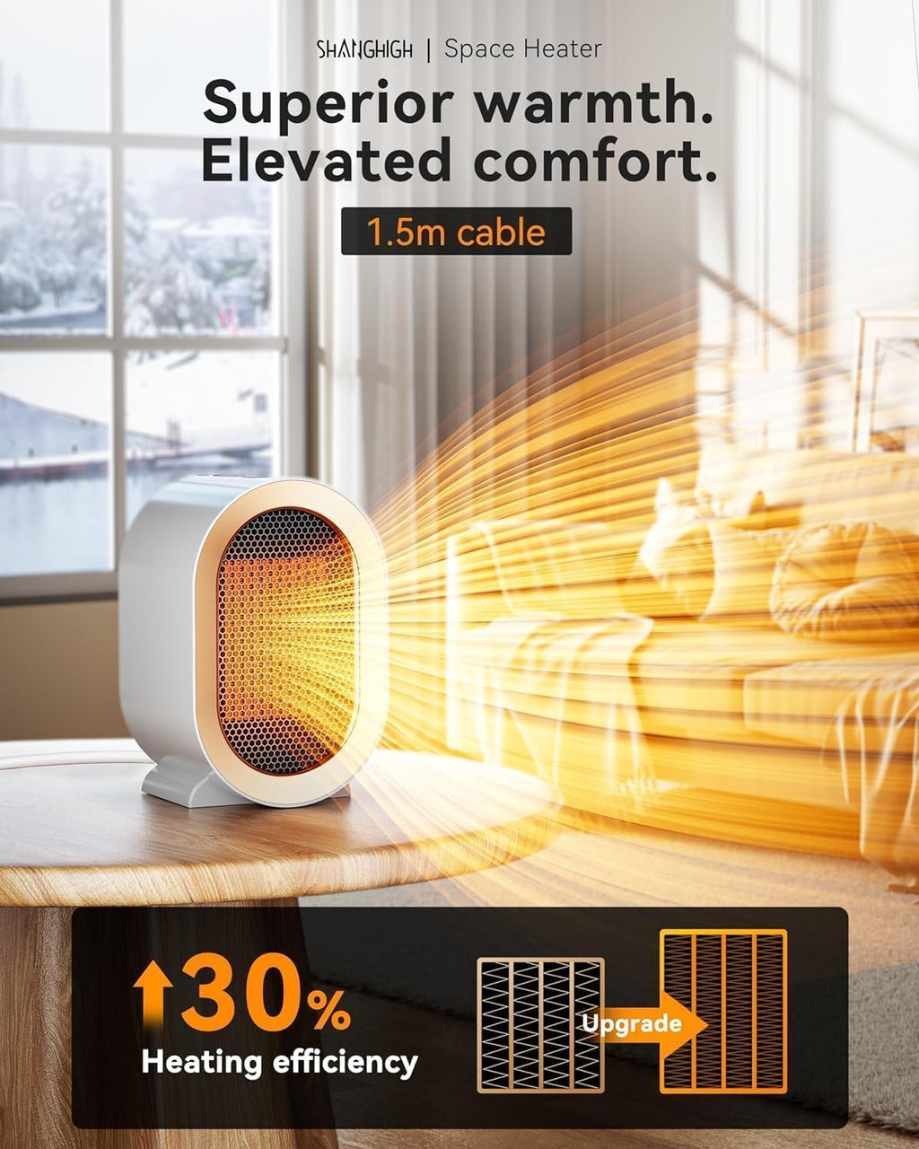 QQT Space Heater - Portable PTC Ceramic Indoor Heater | Quiet Desk & Energy-Saving Design, White